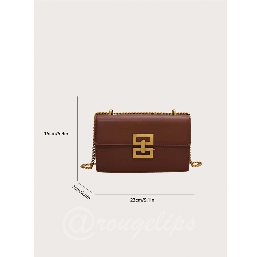 Brown PU Faux Leather Shoulder Bag Yellow Gold Tone Buckle Flap Chain Strap - Picture 7 of 11